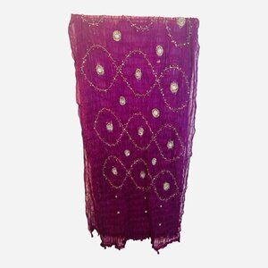 Raj Anthropologie 100% Silk Scarf Fuchsia Jewel Detail Made In India 68”x 18”